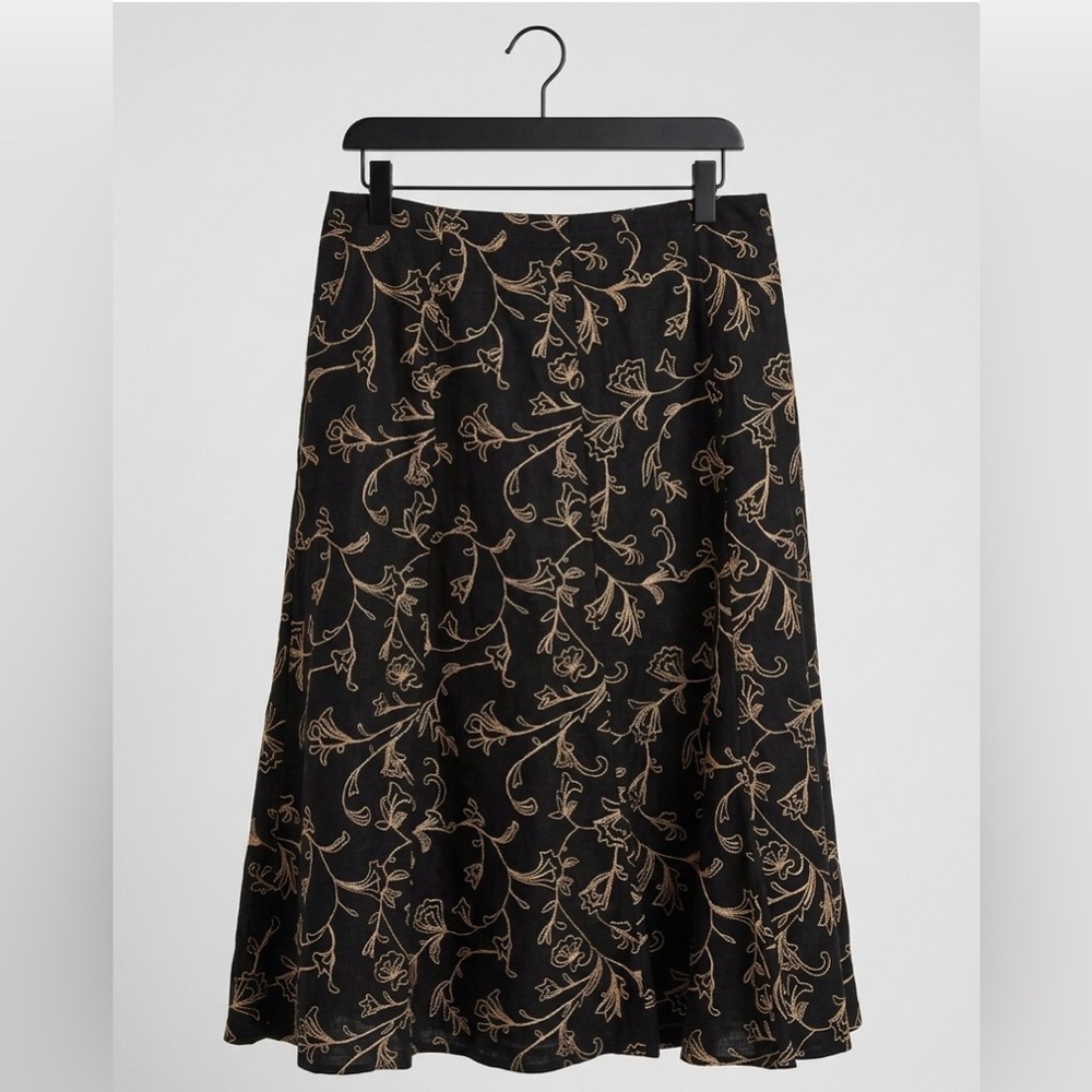 Jones New York Sport Black & Tan Embroidered Lined Linen Midi Skirt Sz 6